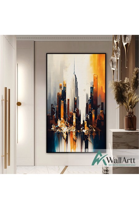 Orange Skyscrapers Textured Partial Oil Painting - Wall Art